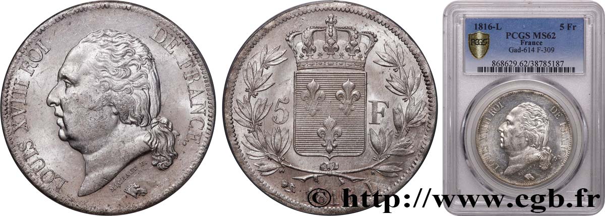 5 francs Louis XVIII, tête nue 1816 Bayonne F.309/8 SUP62 PCGS