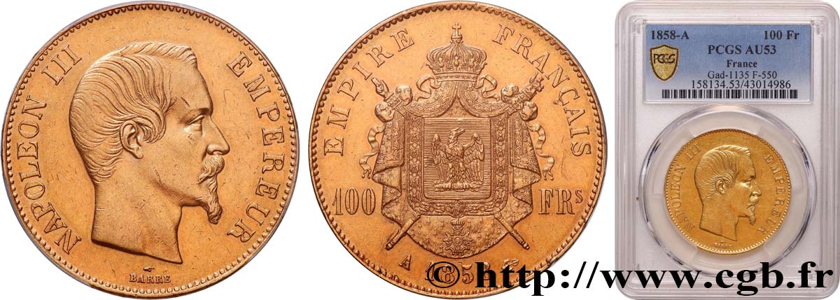 100 francs or Napoléon III tête nue 1858 Paris F.550/5 AU53 PCGS