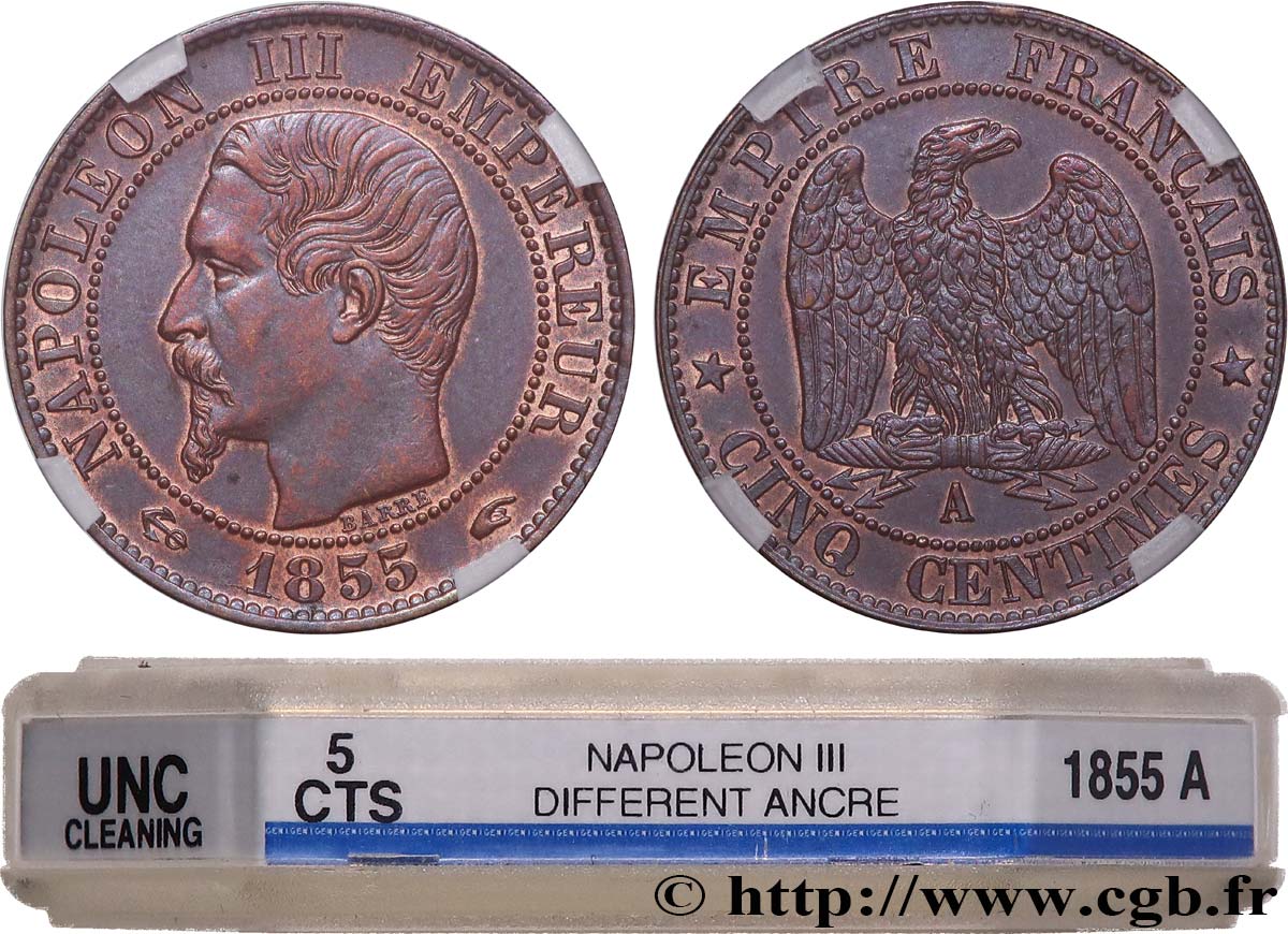 Cinq centimes Napoléon III, tête nue 1855 Paris F.116/17 MS GENI