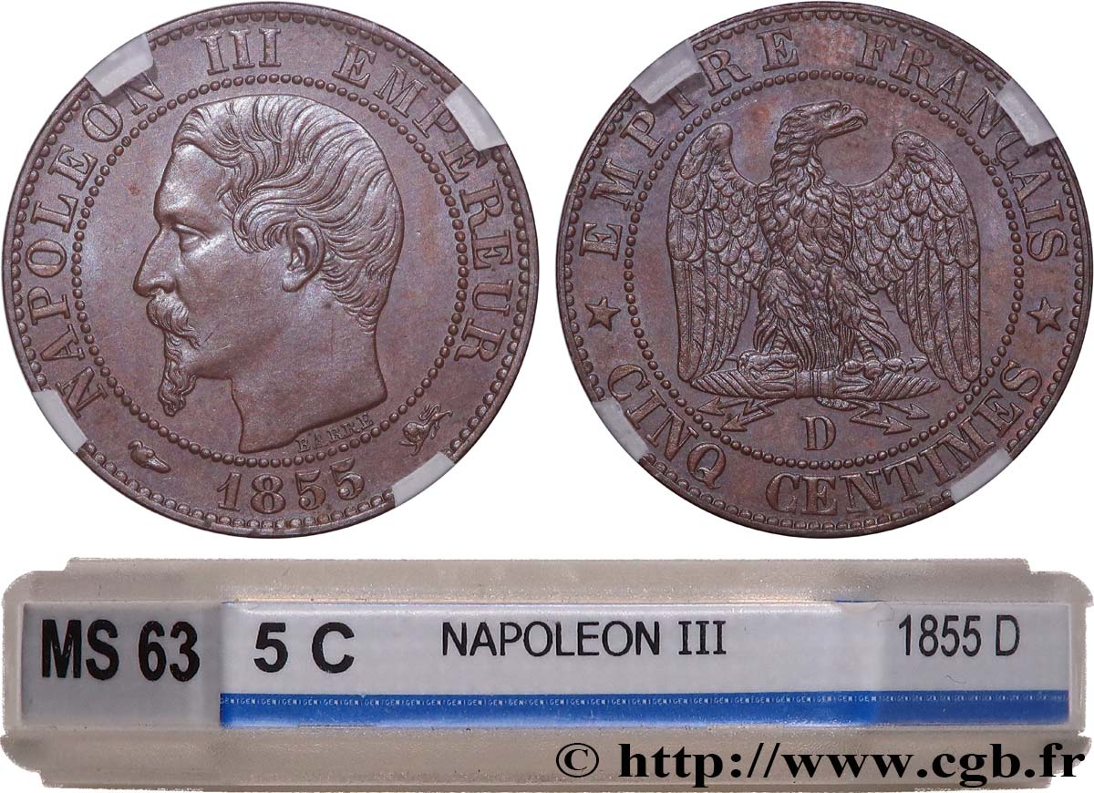 Cinq centimes Napoléon III, tête nue 1855 Lyon F.116/22 MS63 GENI