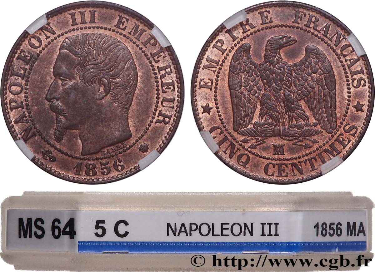 Cinq centimes Napoléon III, tête nue 1856 Marseille F.116/35 SPL64 GENI