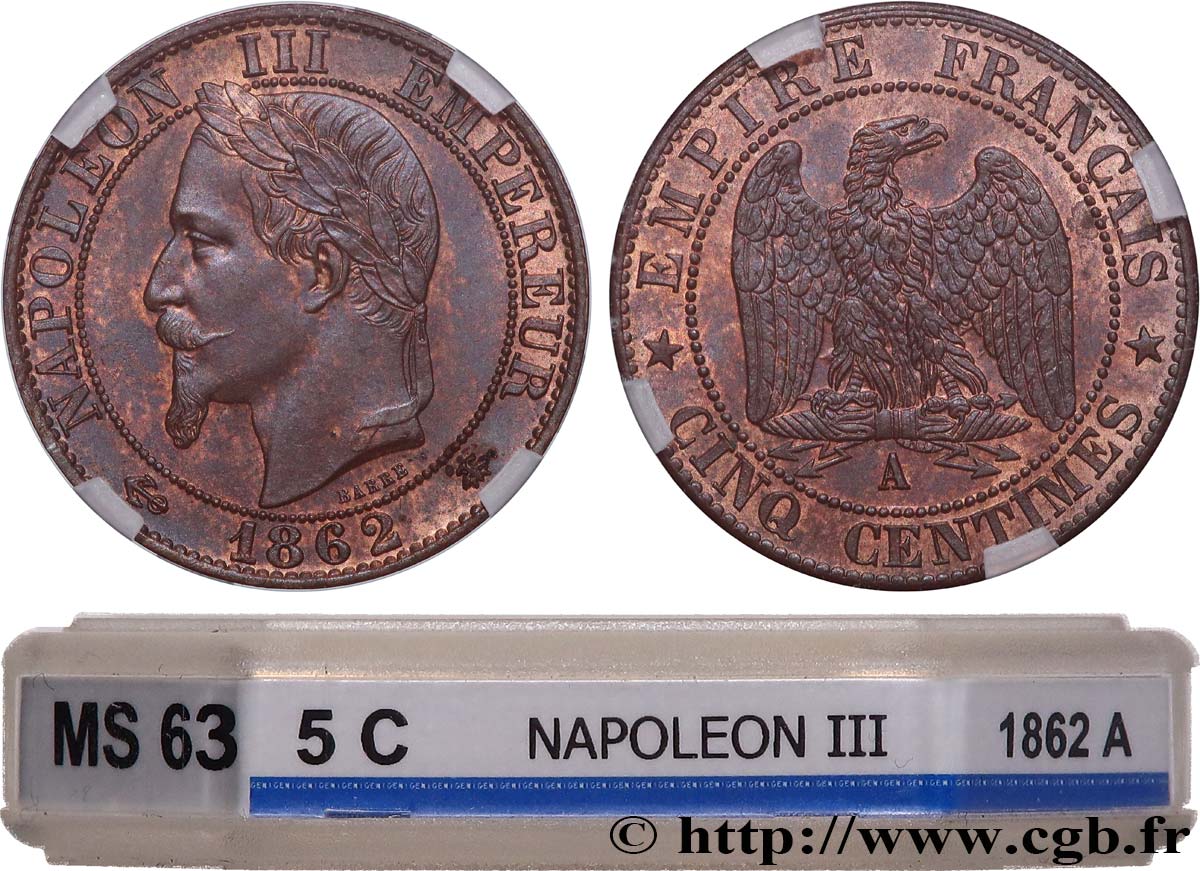 Cinq centimes Napoléon III, tête laurée 1862 Paris F.117/7 fST63 GENI