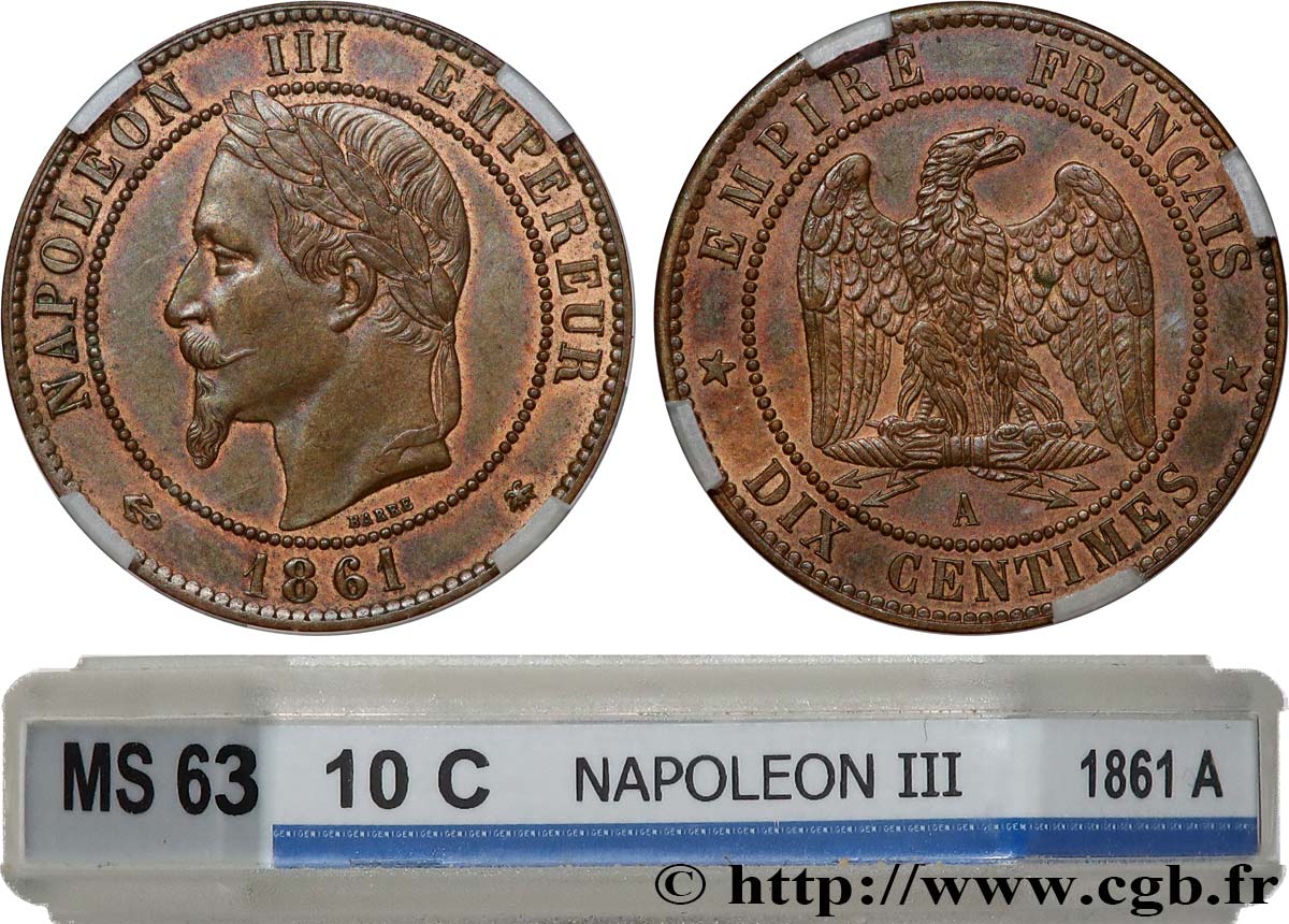 Dix Centimes Napoléon III, tête laurée 1861 Paris F.134/4 fST63 GENI