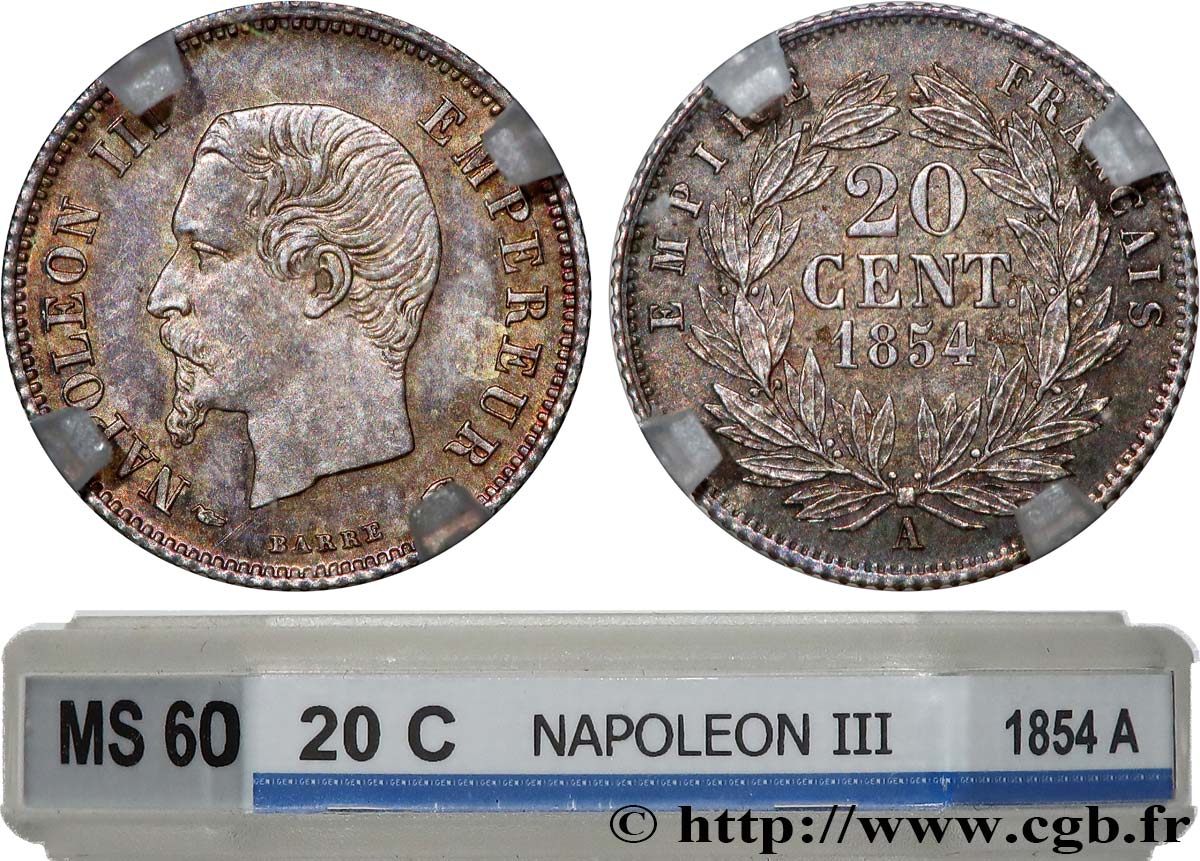 20 centimes Napoléon III, tête nue 1854 Paris F.148/2 SUP60 GENI