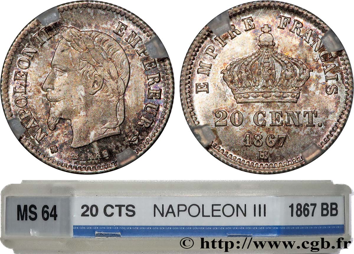 20 centimes Napoléon III, tête laurée, grand module 1867 Strasbourg F.150/2 SPL64 GENI