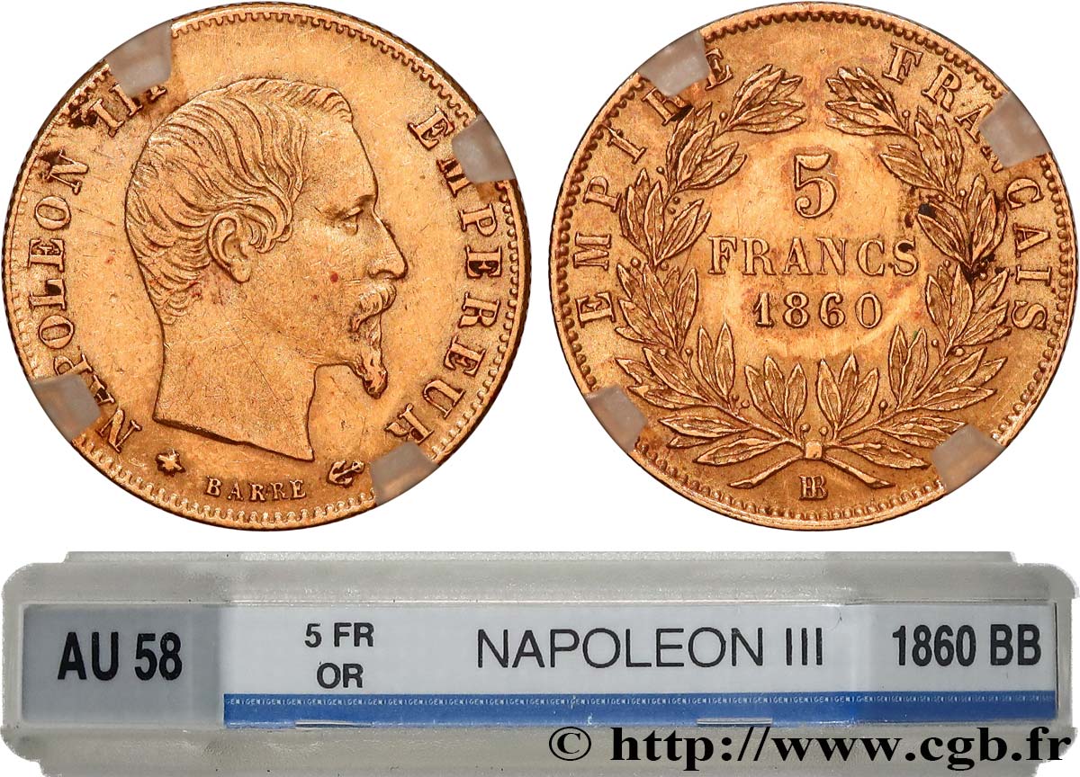 5 francs or Napoléon III tête nue, grand module 1860 Strasbourg F.501/13 AU58 GENI