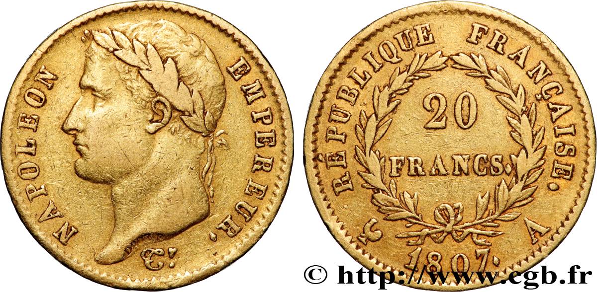 20 francs or Napoléon tête laurée, République française 1807 Paris F.515/1 VF 