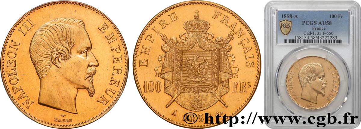 100 francs or Napoléon III, tête nue 1858 Paris F.550/5 AU58 PCGS