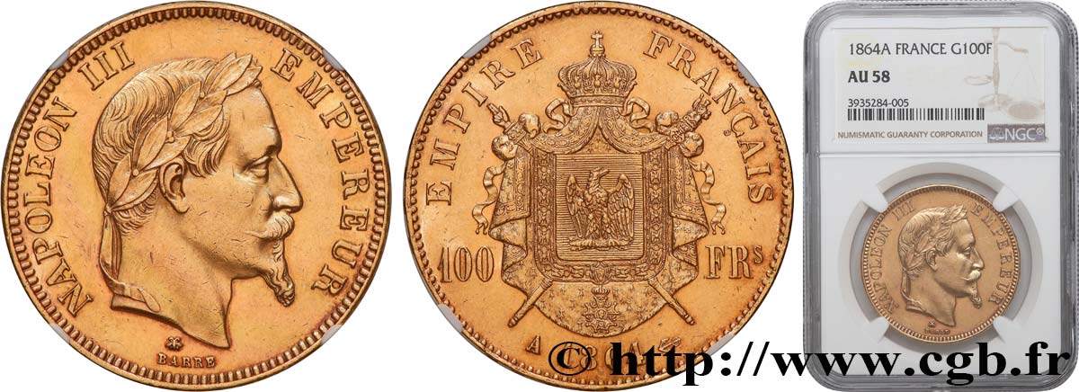 100 francs or Napoléon III, tête laurée 1864 Paris F.551/4 SUP58 NGC