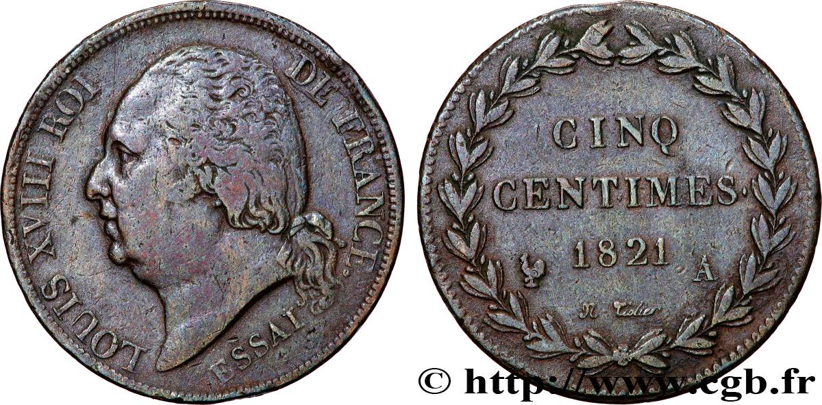 Essai de Cinq centimes en bronze, tranche guillochée 1821 Paris VG.2534  TB 