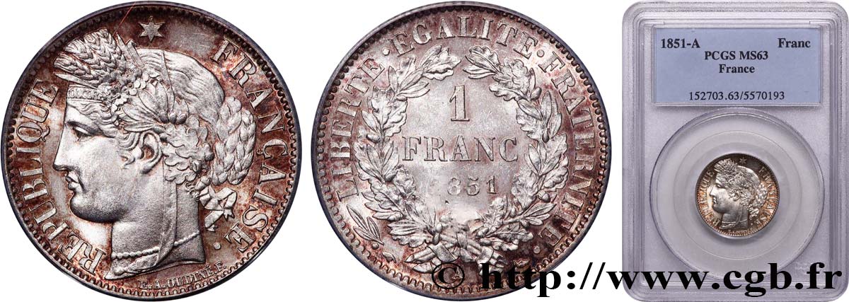 1 franc Cérès, IIe République 1851 Paris F.211/9 SPL63 PCGS