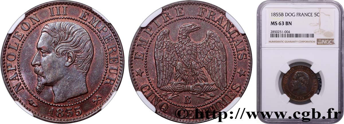 Cinq centimes Napoléon III, tête nue 1855 Rouen F.116/18 SPL63 NGC