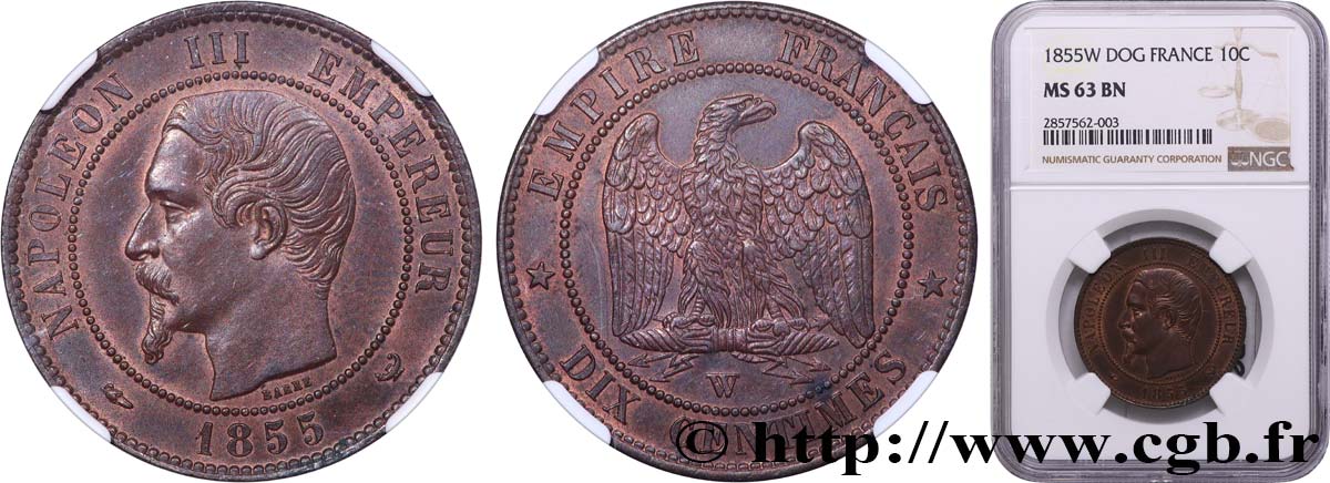 Dix centimes Napoléon III, tête nue 1855 Lille F.133/32 SC63 NGC