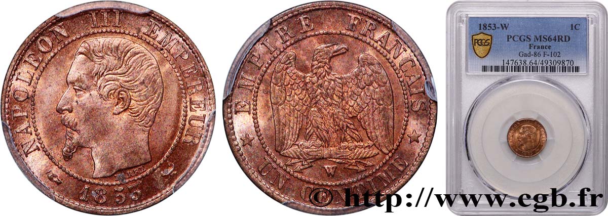 Un centime Napoléon III, tête nue 1853 Lille F.102/8 SPL64 PCGS