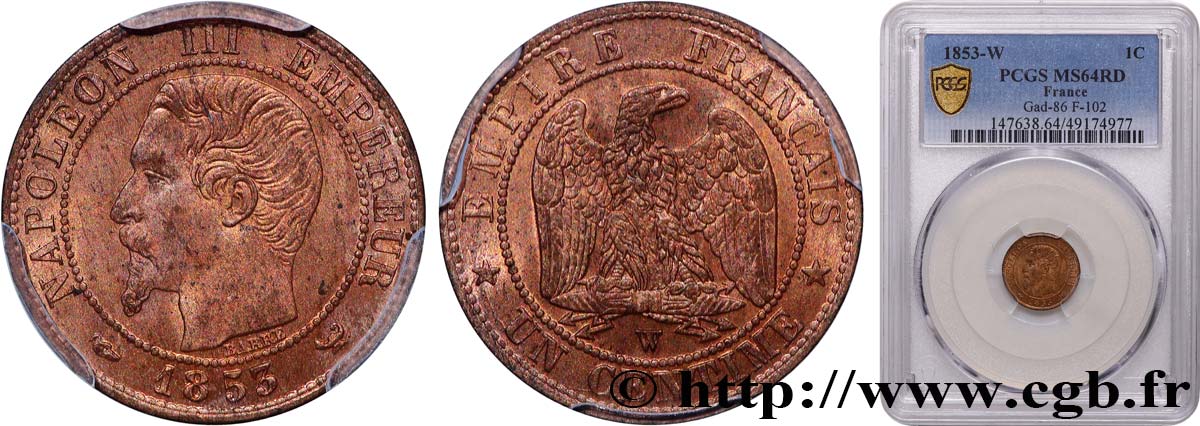 Un centime Napoléon III, tête nue 1853 Lille F.102/8 MS64 PCGS