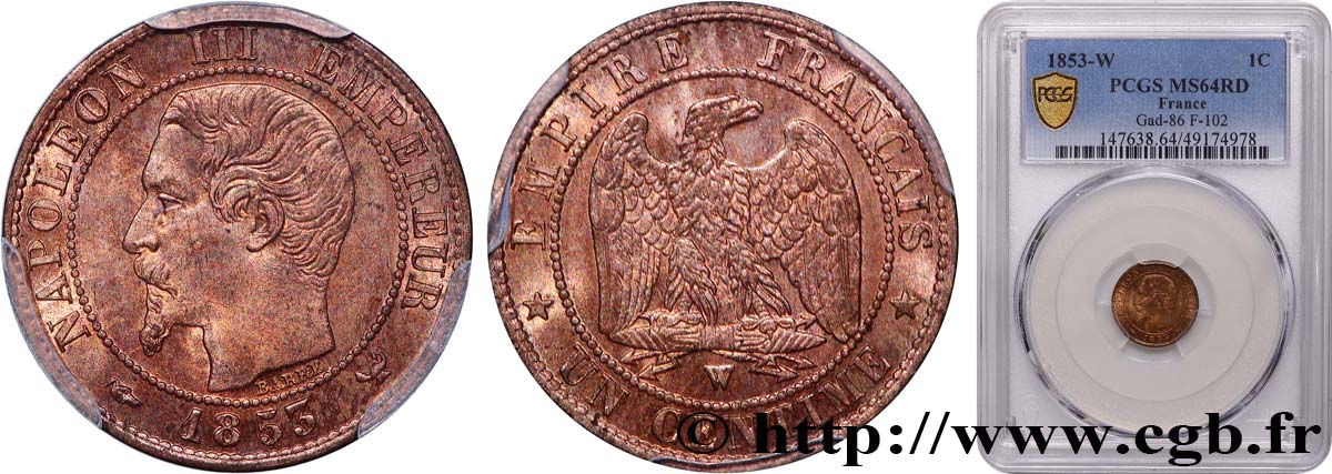 Un centime Napoléon III, tête nue 1853 Lille F.102/8 MS64 PCGS