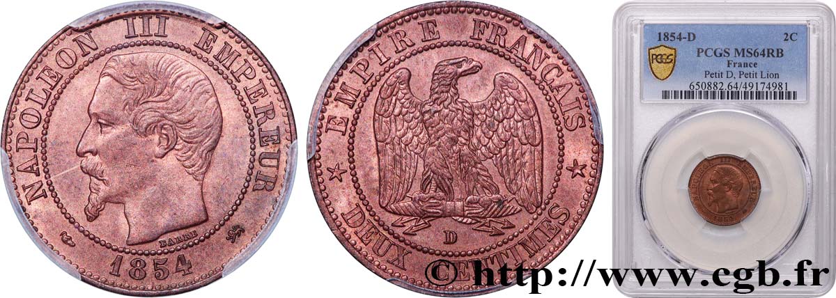 Deux centimes Napoléon III, tête nue 1854 Lyon F.107/15 SPL64 PCGS