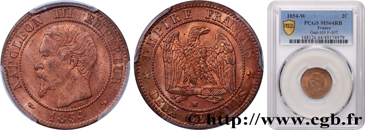 Deux centimes Napoléon III, tête nue 1854 Lille F.107/18 SC64 PCGS