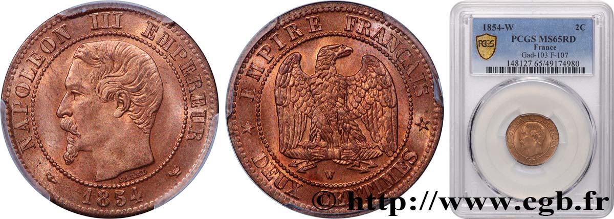 Deux centimes Napoléon III, tête nue 1854 Lille F.107/18 MS65 PCGS