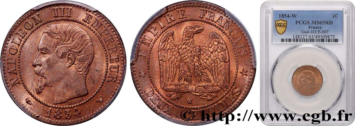 Deux centimes Napoléon III, tête nue 1854 Lille F.107/18 MS65 PCGS