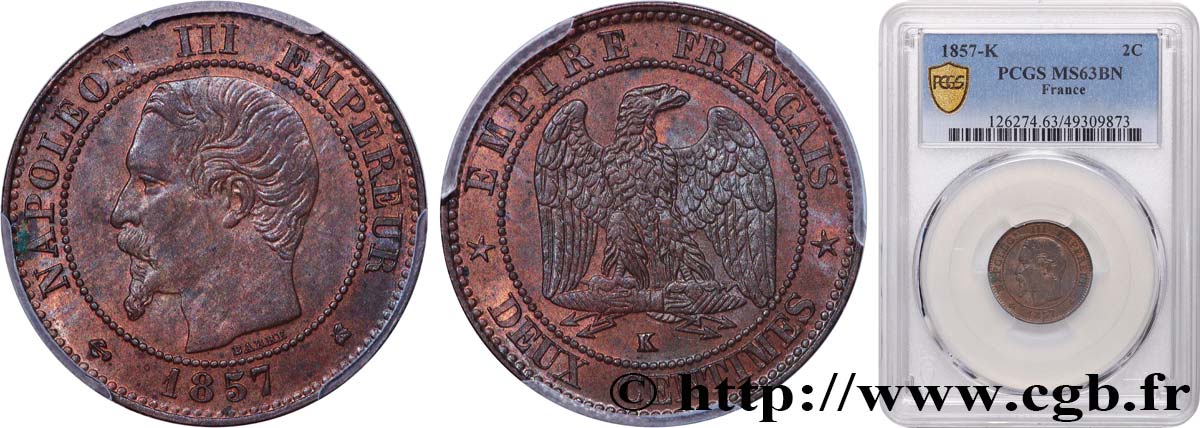 Deux centimes Napoléon III, tête nue 1857 Bordeaux F.107/49 SC63 PCGS