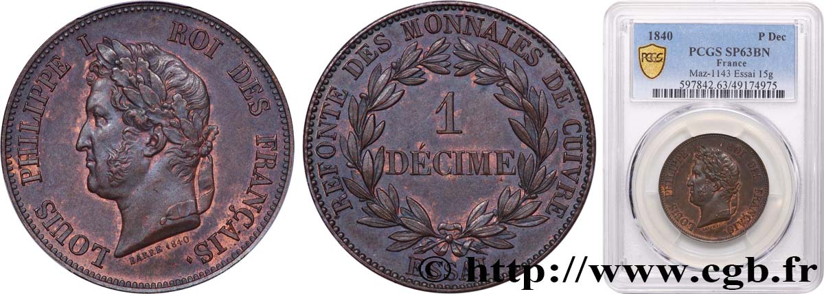 Essai de 1 décime en cuivre, poids lourd 1840 Paris VG.2915  fST63 PCGS