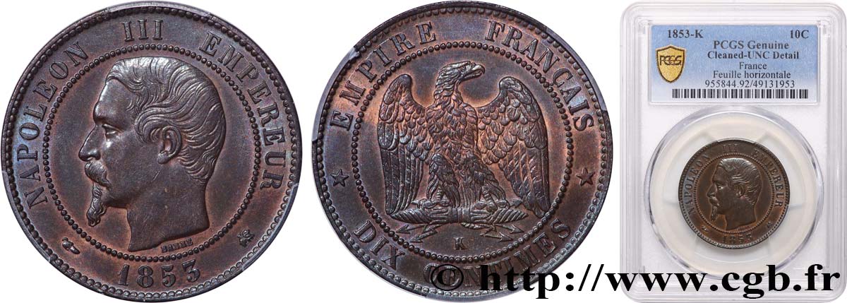Dix centimes Napoléon III, tête nue 1853 Bordeaux F.133/7 MS PCGS