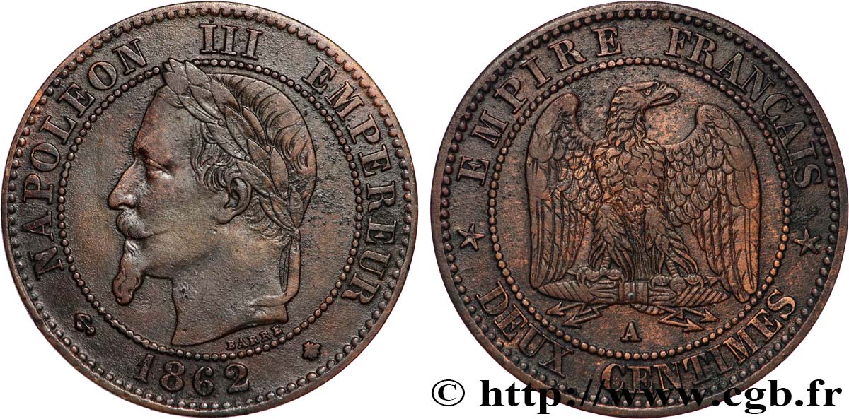 Deux centimes Napoléon III, tête laurée, buste définitif 1862 Paris F.108A/4 TTB 