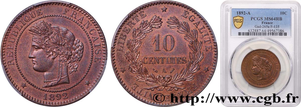 10 centimes Cérès 1892 Paris F.135/37 MS64 PCGS