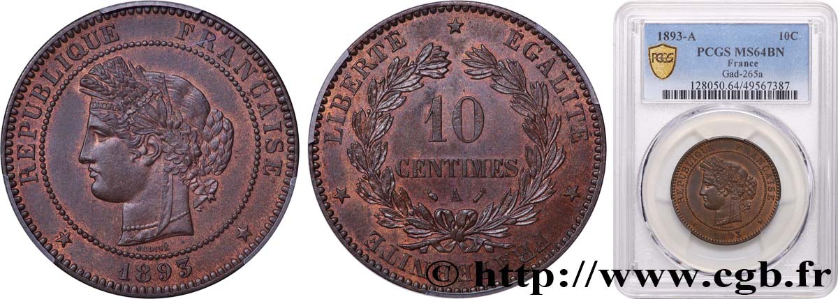 10 centimes Cérès 1893 Paris F.135/38 fST64 PCGS