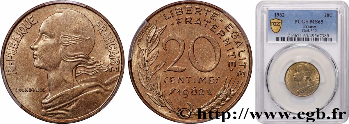 20 centimes Marianne 1962 Paris F.156/2 ST65 PCGS