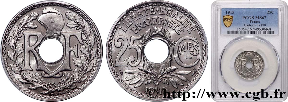 25 centimes Lindauer, Cmes souligné 1915  F.170/3 MS67 PCGS