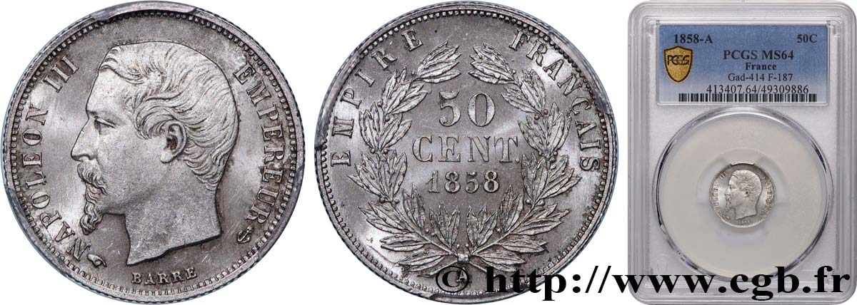 50 centimes Napoléon III, tête nue 1858 Paris F.187/9 SC64 PCGS