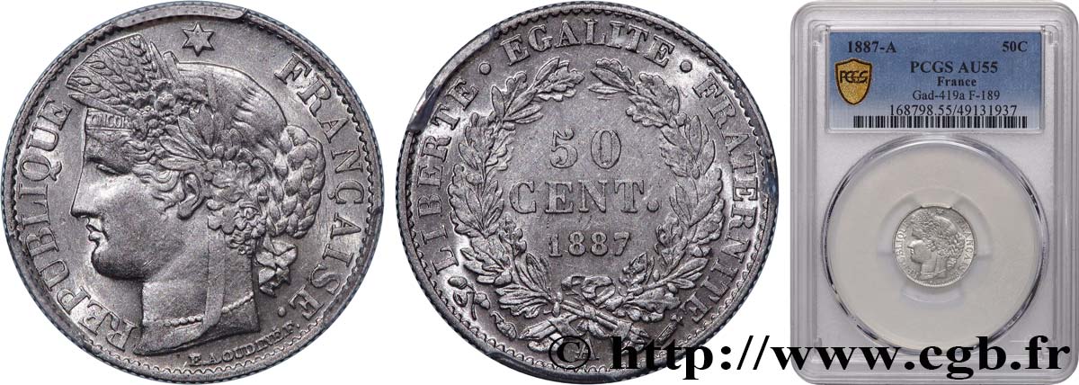 50 centimes Cérès, Troisième République 1887 Paris F.189/12 EBC55 PCGS