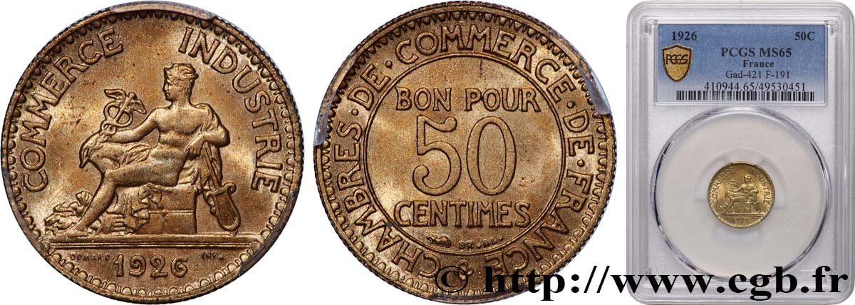 50 centimes Chambres de Commerce 1926 Paris F.191/8 MS65 PCGS