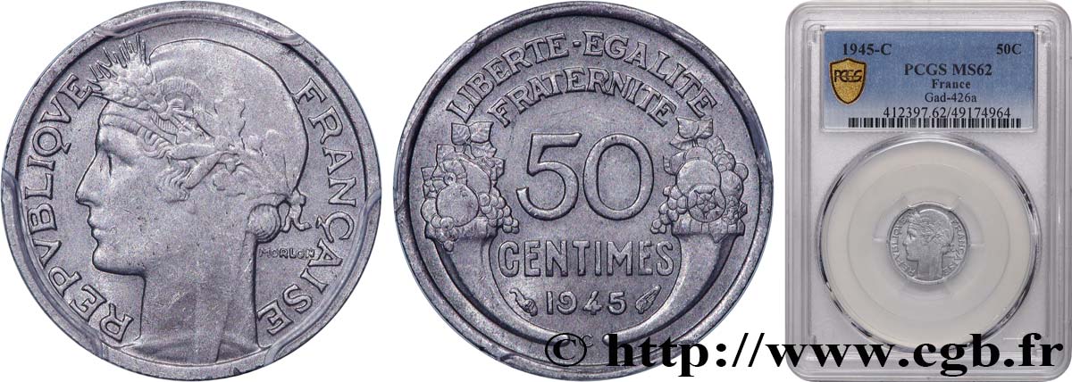 50 centimes Morlon, légère 1945 Castelsarrasin F.194/7 MS62 PCGS