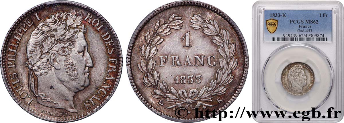 1 franc Louis-Philippe, couronne de chêne 1833 Bordeaux F.210/20 MS62 PCGS