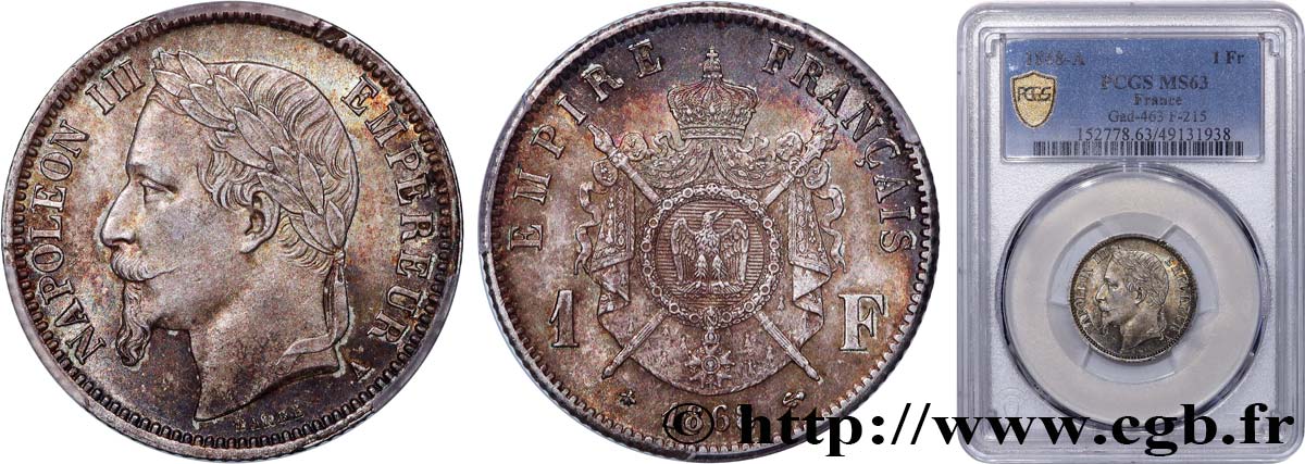 1 franc Napoléon III, tête laurée 1868 Paris F.215/10 SC63 PCGS