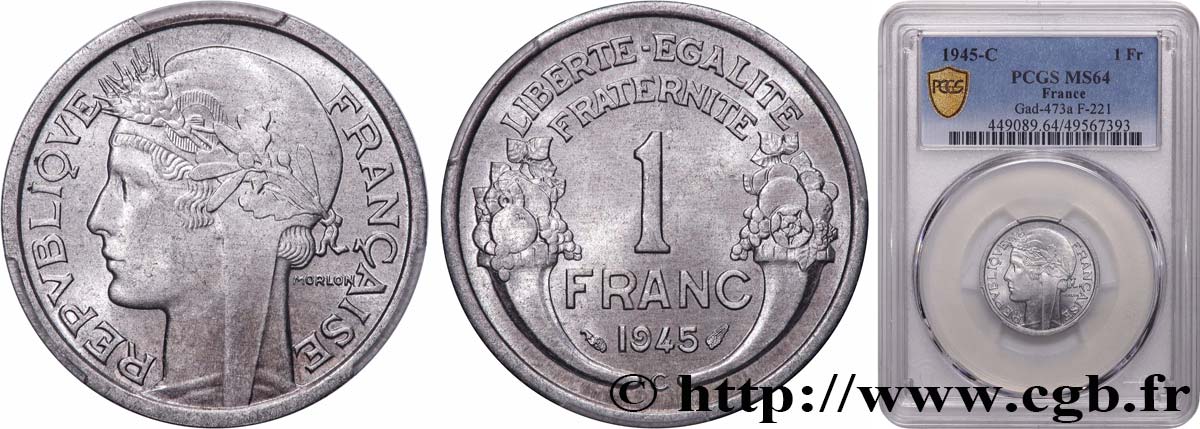 1 franc Morlon, légère 1945 Castelsarrasin F.221/8 SPL64 PCGS