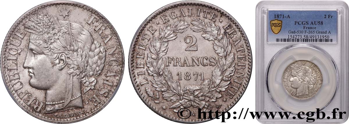 2 francs Cérès, avec légende 1871 Paris F.265/3 SUP58 PCGS