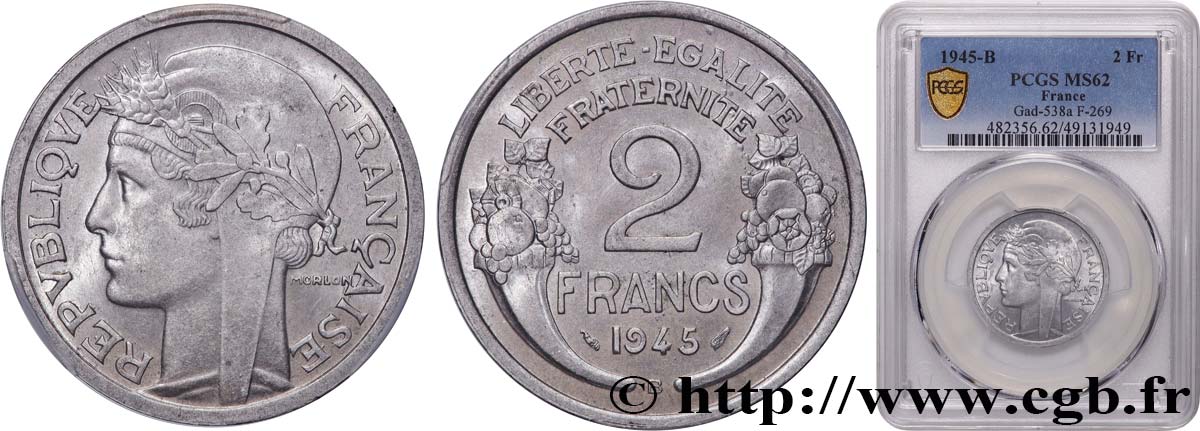 2 francs Morlon, aluminium 1945 Beaumont-Le-Roger F.269/6 SUP62 PCGS