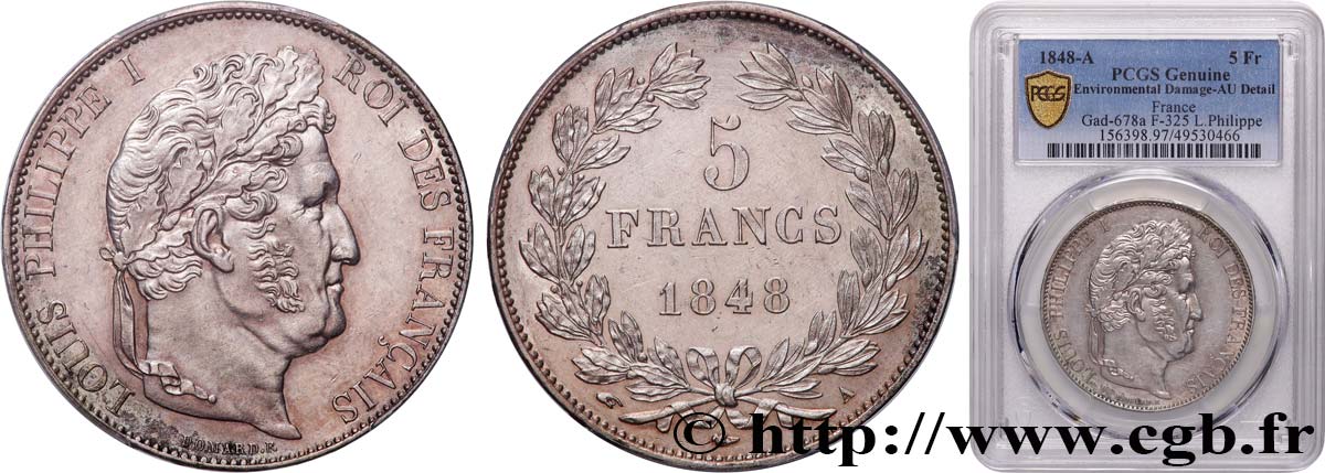 5 francs IIIe type Domard 1848 Paris F.325/17 MBC+ PCGS