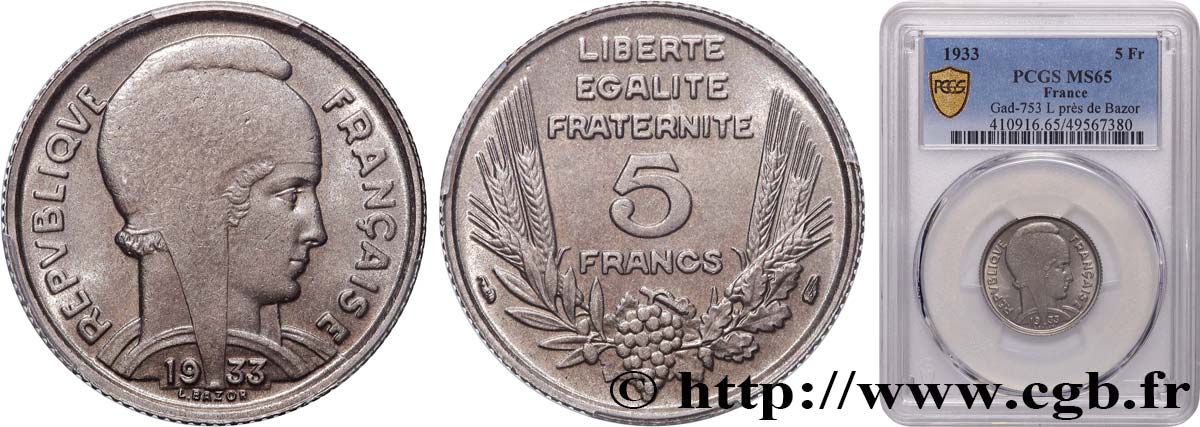 5 francs Bazor 1933  F.335/3 FDC65 PCGS