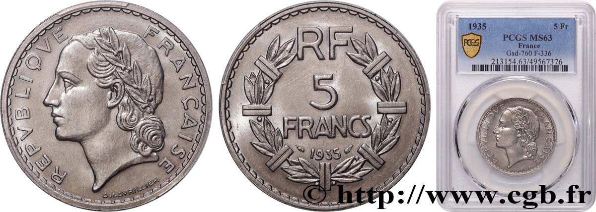 5 francs Lavrillier, nickel 1935  F.336/4 SPL63 PCGS