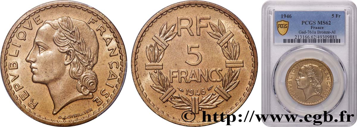 5 francs Lavrillier, bronze-aluminium 1946  F.337/7 VZ62 PCGS