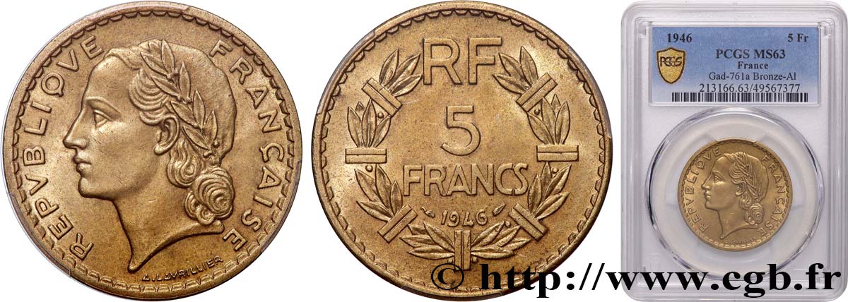 5 francs Lavrillier, bronze-aluminium 1946  F.337/7 SPL63 PCGS