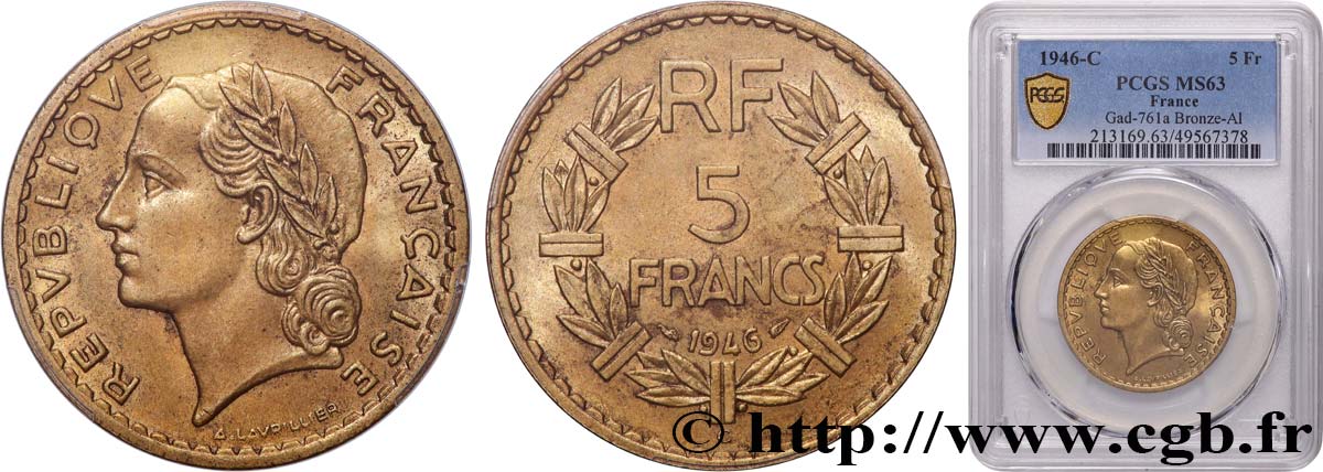 5 francs Lavrillier, bronze-aluminium 1946 Castelsarrasin F.337/8 SPL63 PCGS