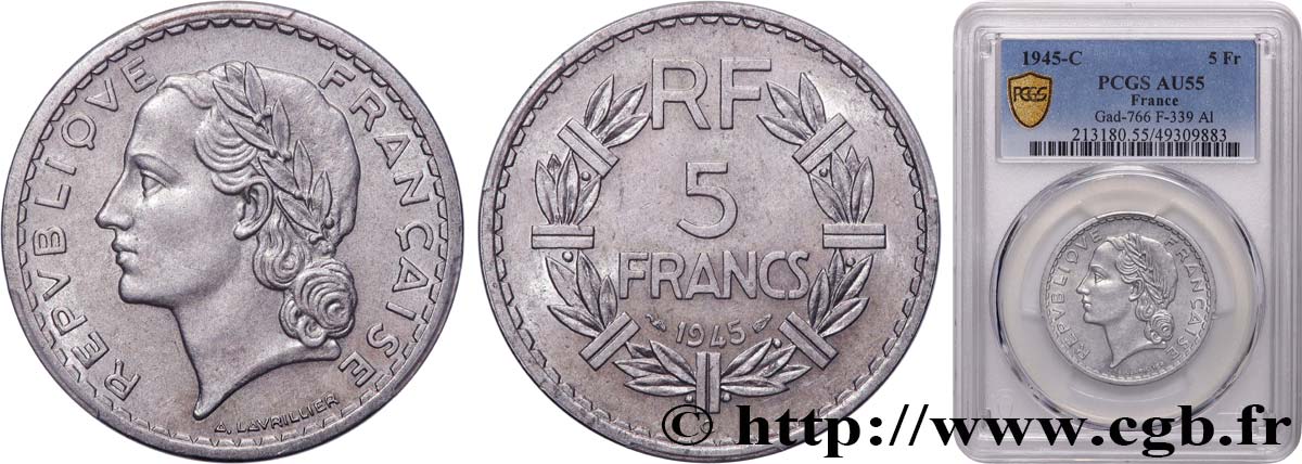 5 francs Lavrillier, aluminium 1945 Castelsarrasin F.339/5 EBC55 PCGS