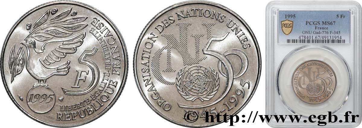 5 francs Cinquantenaire de l’ONU 1995 Pessac F.345/1 MS67 PCGS