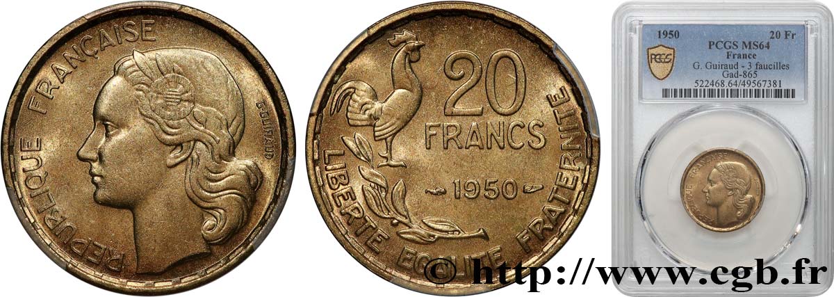 20 francs G. Guiraud, 3 faucilles 1950  F.402/2 fST64 PCGS